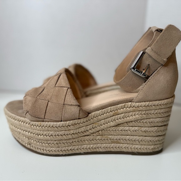 Marc Fisher Women’s Beige/Tan Leather & Suede, Woven Wedge Platform Sandals 8M - Picture 10 of 16